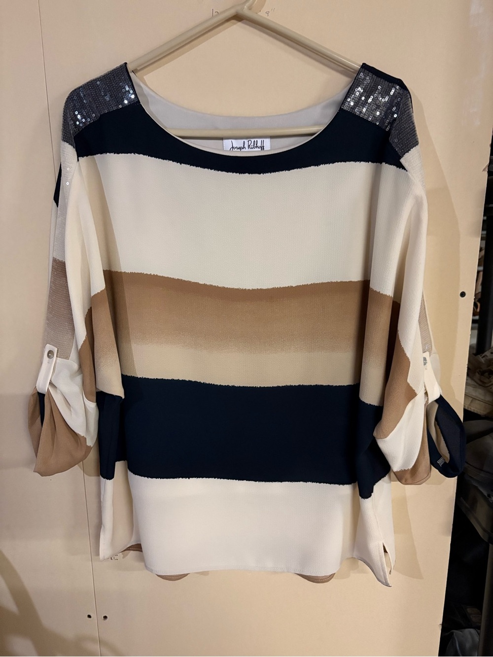 Joseph Ribkoff Navy, Cream & Tan Striped Sequin Shoulder Blouse Elegant Classic